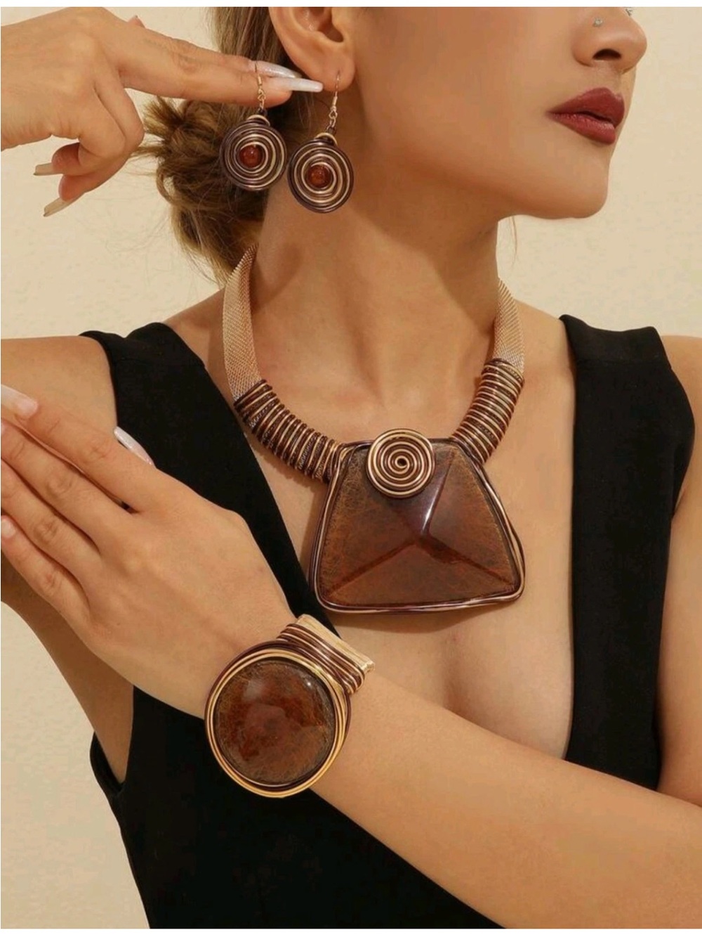 Statement Brown Resin and Gold-Tone Necklace Set - Women Jewelry